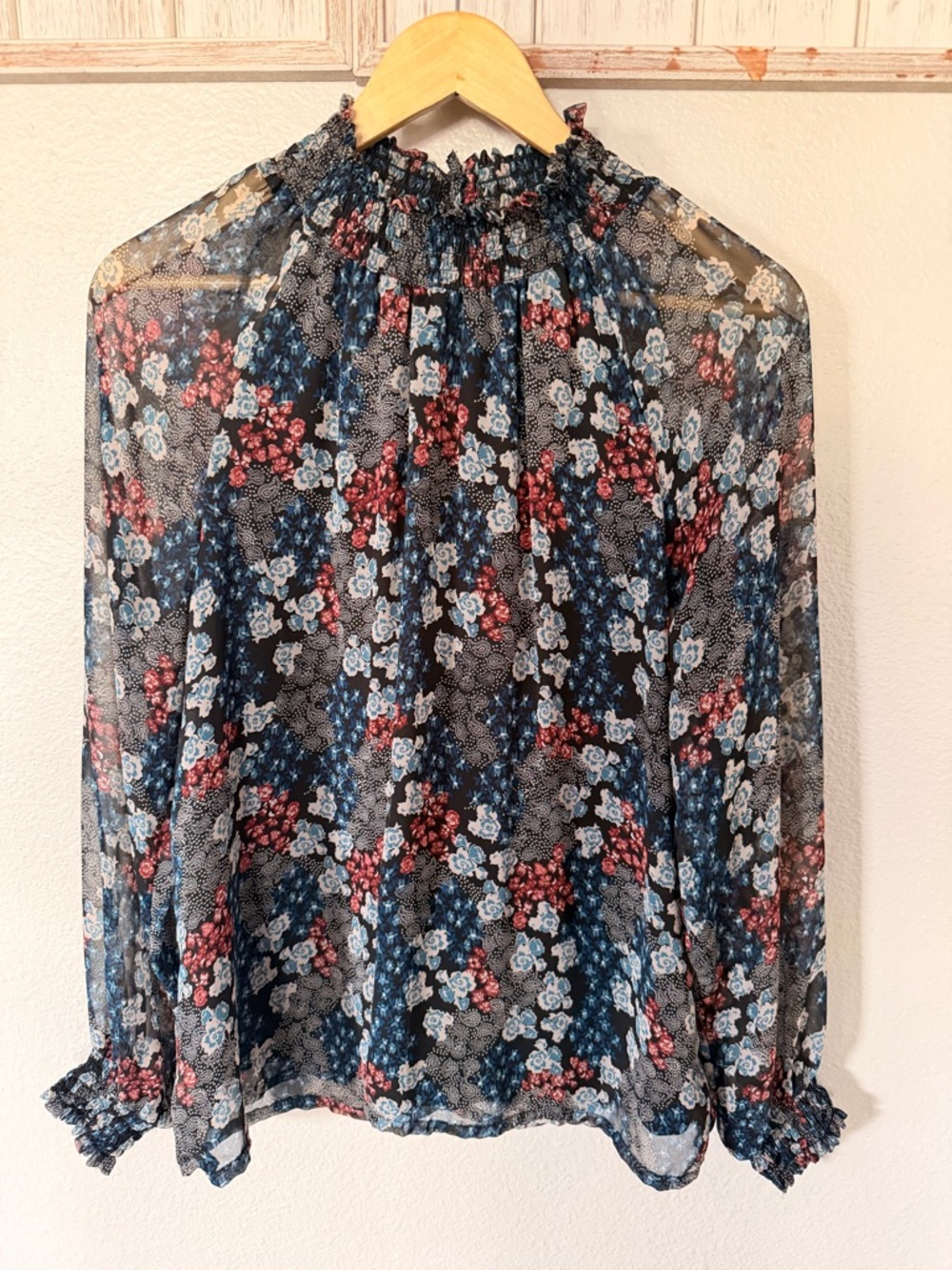 Sheer Floral Smocked-Neck Blouse in Navy and Red